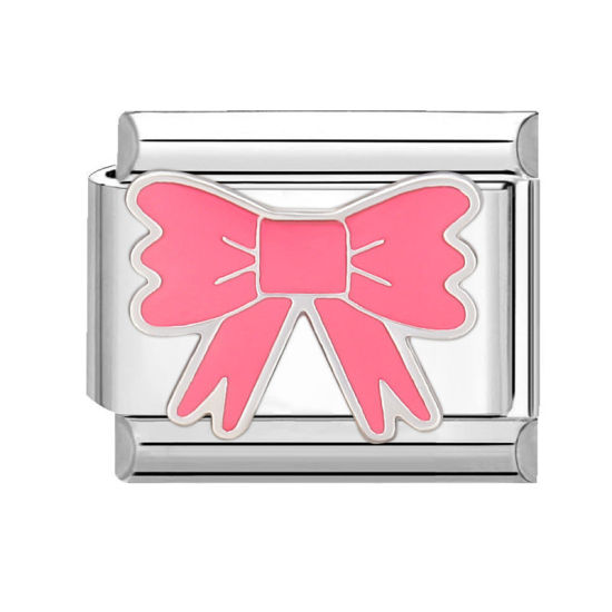 Bild von 1 Stück 304 Edelstahl Charm-Armband mit italienischen Gliedern zur Herstellung von DIY-Schmuck Silberfarbe Rosa Rechteck Schleife 10mm x 9mm
