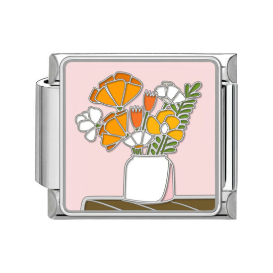 Bild von 1 Stück 304 Edelstahl Charm-Armband mit italienischen Gliedern zur Herstellung von DIY-Schmuck Silberfarbe Bunt Rechteck Blumenvasen 10mm x 9mm