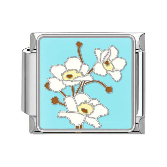 Bild von 1 Stück 304 Edelstahl Charm-Armband mit italienischen Gliedern zur Herstellung von DIY-Schmuck Silberfarbe Blau Rechteck Orchidee Blume 10mm x 9mm