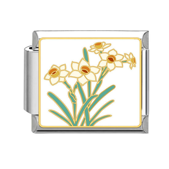 Bild von 1 Stück 304 Edelstahl Charm-Armband mit italienischen Gliedern zur Herstellung von DIY-Schmuck Silberfarbe Weiß Rechteck Narzissenblume 10mm x 9mm