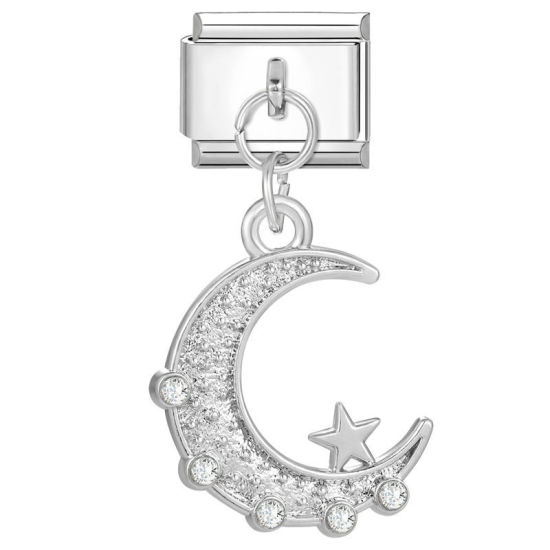 Bild von 1 Stück 304 Edelstahl Charm-Armband mit italienischen Gliedern zur Herstellung von DIY-Schmuck Silberfarbe Rechteck Mond Transparent Strass 10mm x 9mm