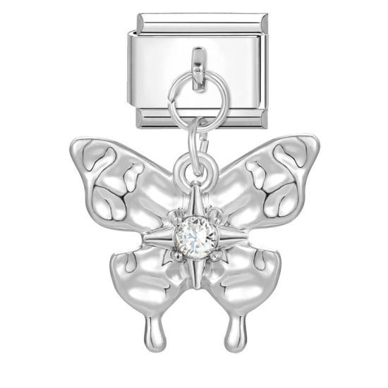 Bild von 1 Stück 304 Edelstahl Charm-Armband mit italienischen Gliedern zur Herstellung von DIY-Schmuck Silberfarbe Rechteck Schmetterling Transparent Strass 10mm x 9mm
