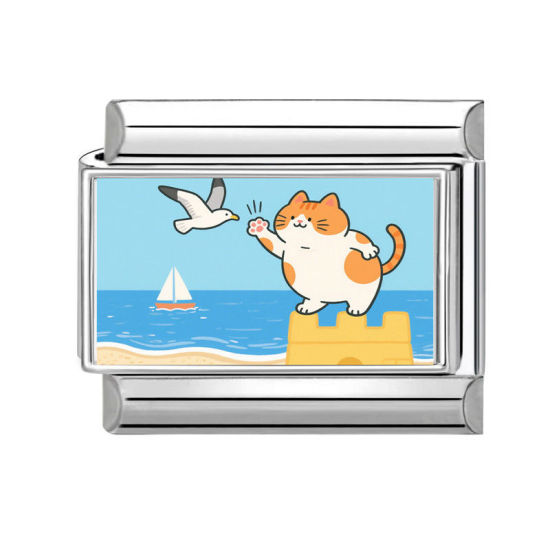 Изображение 1 ШТ 304 Нержавеющая Сталь Очаровательный итальянский браслет со звеньями Изготовление ювелирных изделий своими руками Серебряный Тон Разноцветный Прямоугольник Кошка 10мм x 9мм