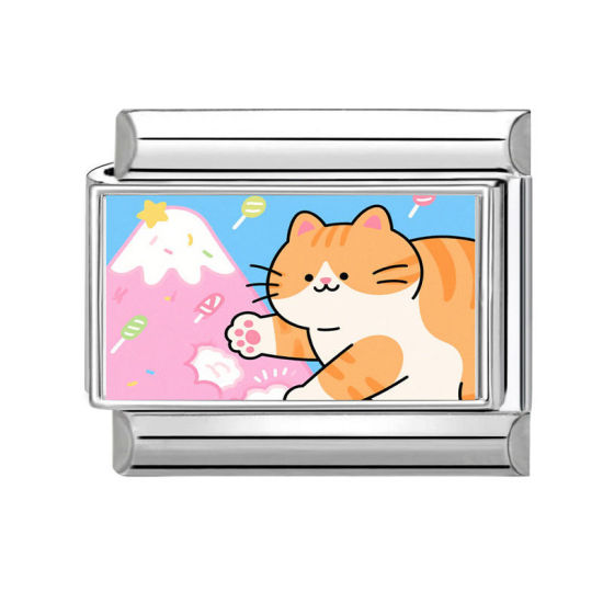 Изображение 1 ШТ 304 Нержавеющая Сталь Очаровательный итальянский браслет со звеньями Изготовление ювелирных изделий своими руками Серебряный Тон Разноцветный Прямоугольник Кошка 10мм x 9мм