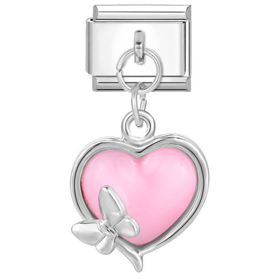 Bild von 1 Stück 304 Edelstahl Charm-Armband mit italienischen Gliedern zur Herstellung von DIY-Schmuck Silberfarbe Rosa Rechteck Herz 10mm x 9mm