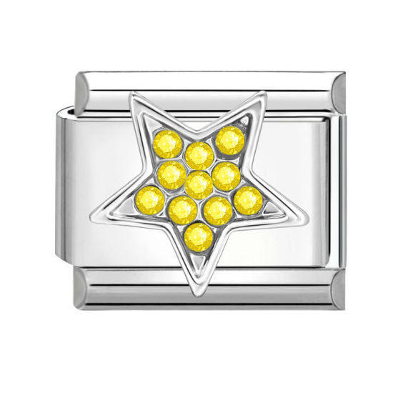 Bild von 1 Stück 304 Edelstahl Charm-Armband mit italienischen Gliedern zur Herstellung von DIY-Schmuck Silberfarbe Rechteck Pentagramm Gelb Strass 10mm x 9mm