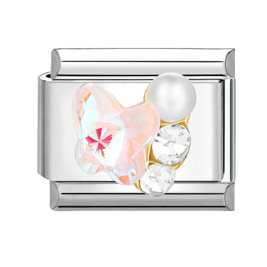 Bild von 1 Stück 304 Edelstahl Charm-Armband mit italienischen Gliedern zur Herstellung von DIY-Schmuck Silberfarbe Hellrosa Rechteck Schmetterling Imitat Perle Transparent Strass 10mm x 9mm