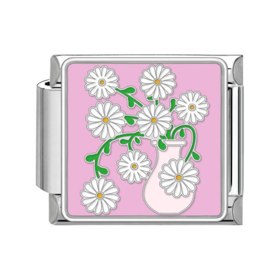 Изображение 1 ШТ 304 Нержавеющая Сталь Очаровательный итальянский браслет со звеньями Изготовление ювелирных изделий своими руками Серебряный Тон Розовый Прямоугольник Маргаритка 10мм x 9мм