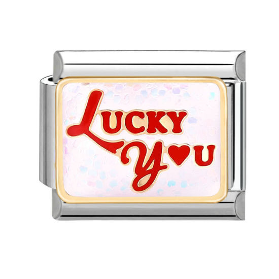 Bild von 1 Stück 304 Edelstahl Charm-Armband mit italienischen Gliedern zur Herstellung von DIY-Schmuck Silberfarbe Rot Rechteck Message " Lucky You " Paillette 10mm x 9mm
