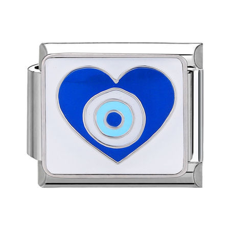 Picture of 1 Piece 304 Stainless Steel Italian Charm Links For DIY Bracelet Jewelry Making Silver Tone Blue Rectangle Evil Eye 10mm x 9mm