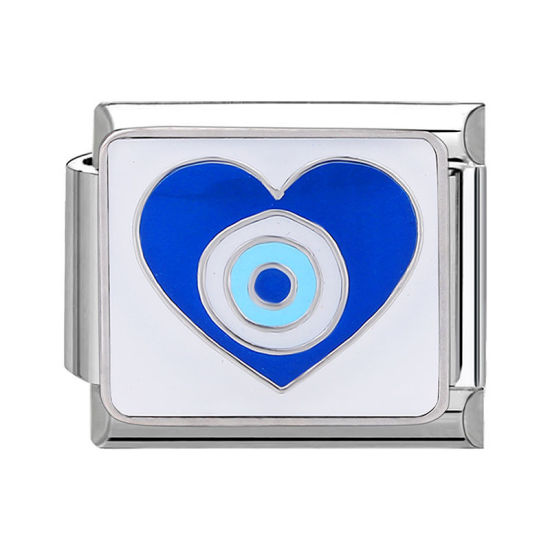 Bild von 1 Stück 304 Edelstahl Charm-Armband mit italienischen Gliedern zur Herstellung von DIY-Schmuck Silberfarbe Blau Rechteck Böser Blick Evil Eye 10mm x 9mm