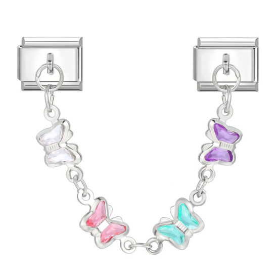 Bild von 1 Set 304 Edelstahl Charm-Armband mit 2 italienischen Gliedern zur Herstellung von DIY-Schmuck Silberfarbe Zufällig Rechteck Schmetterling 10mm x 9mm