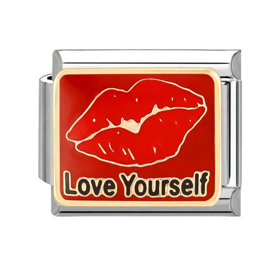 Bild von 1 Stück 304 Edelstahl Charm-Armband mit italienischen Gliedern zur Herstellung von DIY-Schmuck Silberfarbe Rot Rechteck Lippe Message " Love Yourself " 10mm x 9mm