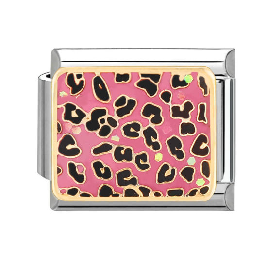 Bild von 1 Stück 304 Edelstahl Charm-Armband mit italienischen Gliedern zur Herstellung von DIY-Schmuck Silberfarbe Rosa Rechteck Leopard 10mm x 9mm