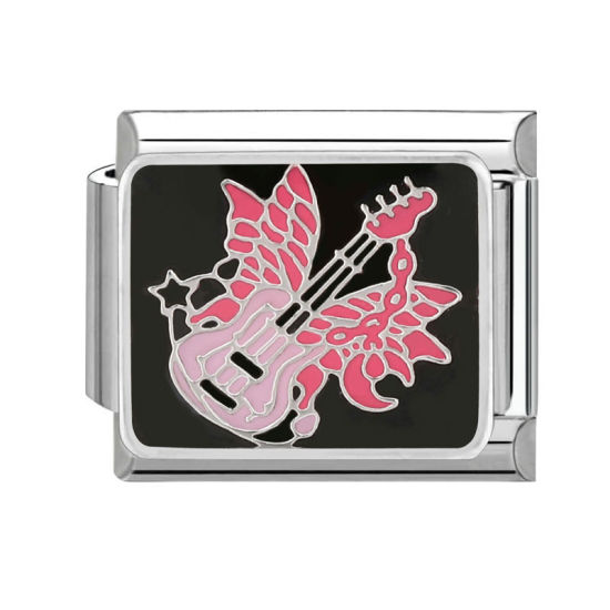 Bild von 1 Stück 304 Edelstahl Charm-Armband mit italienischen Gliedern zur Herstellung von DIY-Schmuck Silberfarbe Rosa Rechteck Gitarre 10mm x 9mm