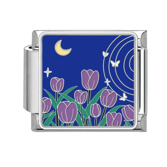 Изображение 1 ШТ 304 Нержавеющая Сталь Очаровательный итальянский браслет со звеньями Изготовление ювелирных изделий своими руками Серебряный Тон Фиолетовый Прямоугольник Тюльпан цветок 10мм x 9мм