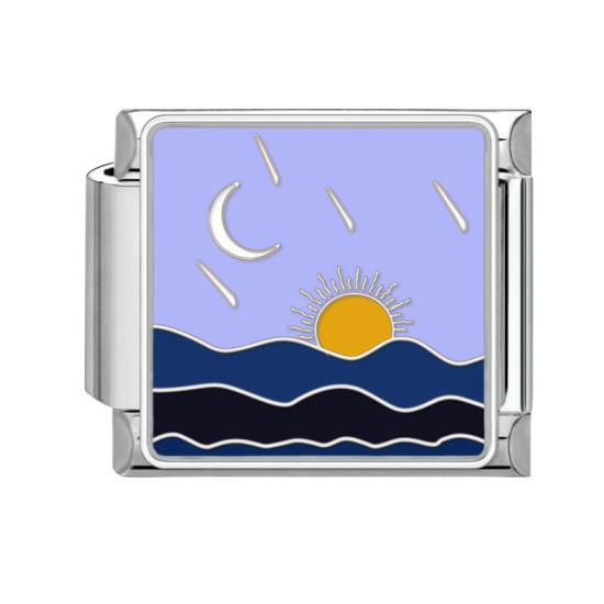 Изображение 1 ШТ 304 Нержавеющая Сталь Очаровательный итальянский браслет со звеньями Изготовление ювелирных изделий своими руками Серебряный Тон Фиолетовый Прямоугольник Солнце Луна 10мм x 9мм