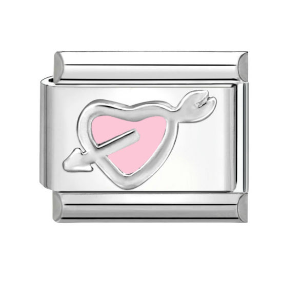 Immagine di 1 Pz 304 Acciaio Inossidabile San Valentino Bracciale con Charm Italiano a Maglie, Creazione di Gioielli Fai-da-te Tono Argento Rosa Rettangolo Una Freccia Attraverso il Cuore 10mm x 9mm