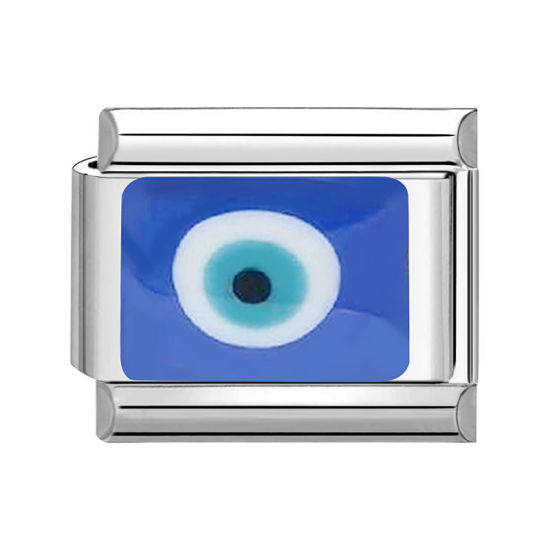 Bild von 1 Stück 304 Edelstahl Charm-Armband mit italienischen Gliedern zur Herstellung von DIY-Schmuck Silberfarbe Blau Rechteck Böser Blick Evil Eye 10mm x 9mm