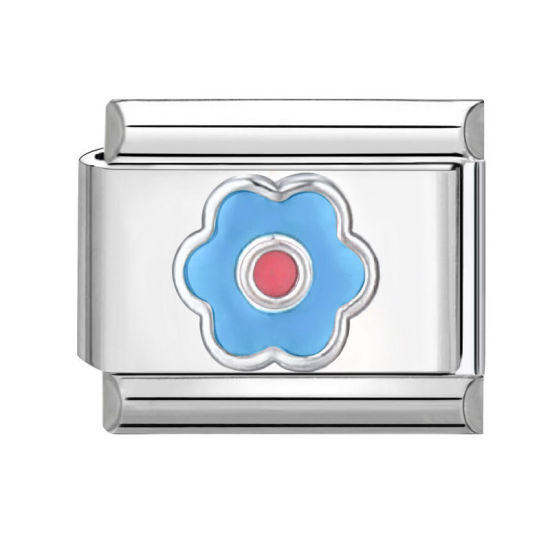 Immagine di 1 Pz 304 Acciaio Inossidabile Bracciale con Charm Italiano a Maglie, Creazione di Gioielli Fai-da-te Tono Argento Blu Rettangolo Fiore 10mm x 9mm