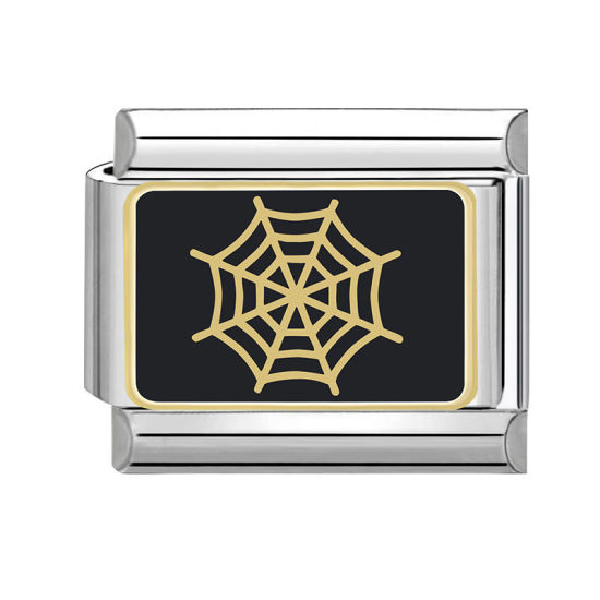 Bild von 1 Stück 304 Edelstahl Charm-Armband mit italienischen Gliedern zur Herstellung von DIY-Schmuck Silberfarbe Schwarz Rechteck Halloween Spinnennetz 10mm x 9mm
