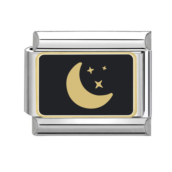 Bild von 1 Stück 304 Edelstahl Charm-Armband mit italienischen Gliedern zur Herstellung von DIY-Schmuck Silberfarbe Schwarz Rechteck Mond 10mm x 9mm