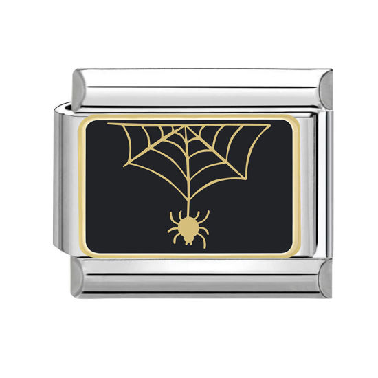 Bild von 1 Stück 304 Edelstahl Charm-Armband mit italienischen Gliedern zur Herstellung von DIY-Schmuck Silberfarbe Schwarz Rechteck Halloween Spinne 10mm x 9mm