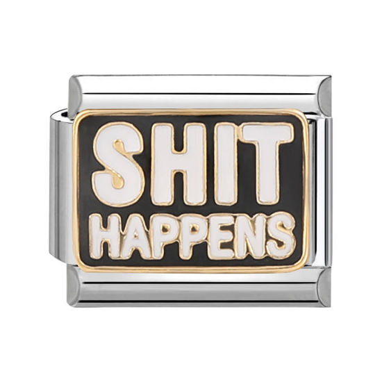 Изображение 1 ШТ 304 Нержавеющая Сталь Стильный Очаровательный итальянский браслет со звеньями Изготовление ювелирных изделий своими руками Серебряный Тон Черный Прямоугольник Сообщение " Shit Happens " 10мм x 9мм