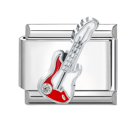 Immagine di 1 Pz 304 Acciaio Inossidabile Bracciale con Charm Italiano a Maglie, Creazione di Gioielli Fai-da-te Tono Argento Rosso Rettangolo Chitarra 10mm x 9mm