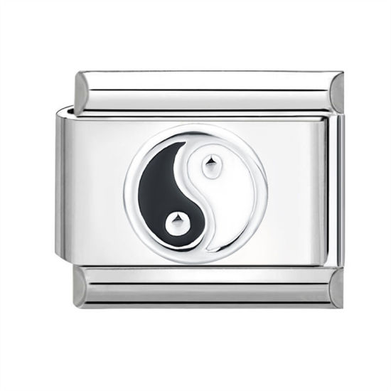 Bild von 1 Stück 304 Edelstahl Charm-Armband mit italienischen Gliedern zur Herstellung von DIY-Schmuck Silberfarbe Schwarz Rechteck Yin Yang Symbol 10mm x 9mm