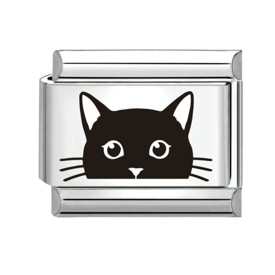 Immagine di 1 Pz 304 Acciaio Inossidabile Elegante Bracciale con Charm Italiano a Maglie, Creazione di Gioielli Fai-da-te Tono Argento Nero Rettangolo Gatto 10mm x 9mm