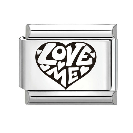 Immagine di 1 Pz 304 Acciaio Inossidabile San Valentino Bracciale con Charm Italiano a Maglie, Creazione di Gioielli Fai-da-te Tono Argento Nero Rettangolo Cuore Messaggio " Love Me " 10mm x 9mm