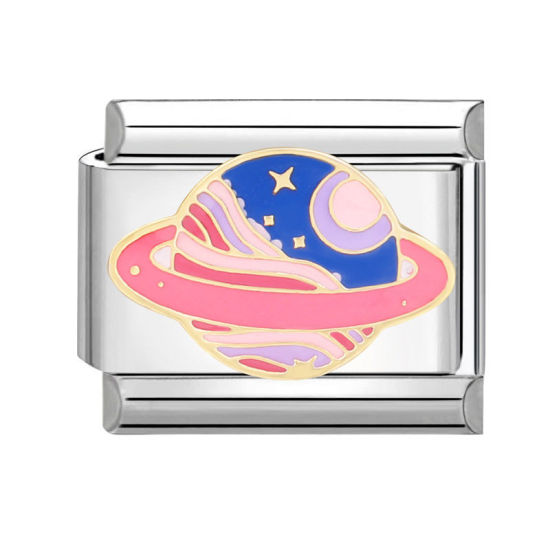 Bild von 1 Stück 304 Edelstahl Charm-Armband mit italienischen Gliedern zur Herstellung von DIY-Schmuck Silberfarbe Bunt Rechteck Universum Planeten 10mm x 9mm