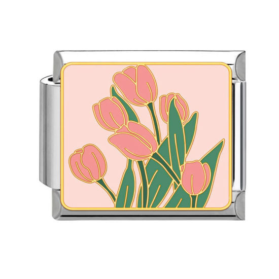 Bild von 1 Stück 304 Edelstahl Stilvoll Charm-Armband mit italienischen Gliedern zur Herstellung von DIY-Schmuck Silberfarbe Bunt Rechteck Tulpen 10mm x 9mm