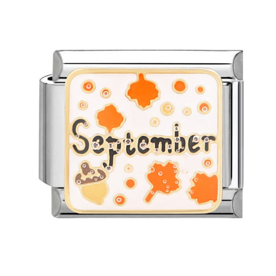 Bild von 1 Stück 304 Edelstahl Charm-Armband mit italienischen Gliedern zur Herstellung von DIY-Schmuck Silberfarbe Orange Rechteck Blätter Message " September " 10mm x 9mm