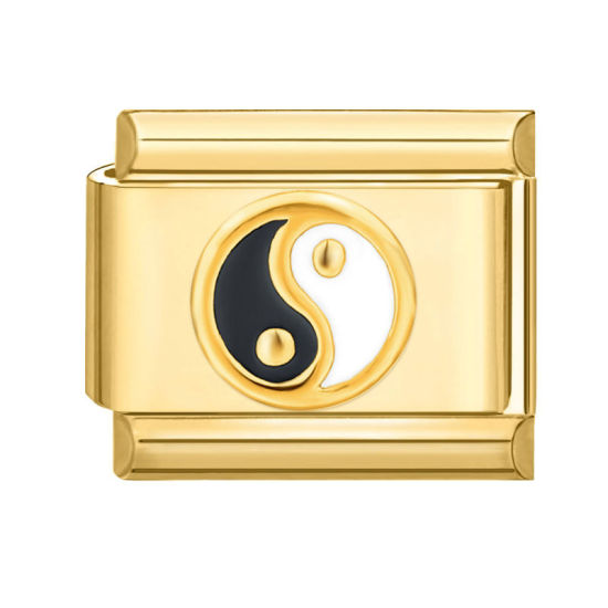 Immagine di 1 Pz 304 Acciaio Inossidabile Bracciale con Charm Italiano a Maglie, Creazione di Gioielli Fai-da-te Oro Placcato Nero Rettangolo Yin Yang Simbolo 10mm x 9mm