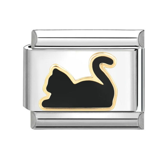 Immagine di 1 Pz 304 Acciaio Inossidabile Elegante Bracciale con Charm Italiano a Maglie, Creazione di Gioielli Fai-da-te Tono Argento Nero Rettangolo Gatto 10mm x 9mm