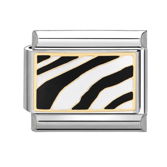 Bild von 1 Stück 304 Edelstahl Charm-Armband mit italienischen Gliedern zur Herstellung von DIY-Schmuck Silberfarbe Schwarz Rechteck Zebrastreifen 10mm x 9mm