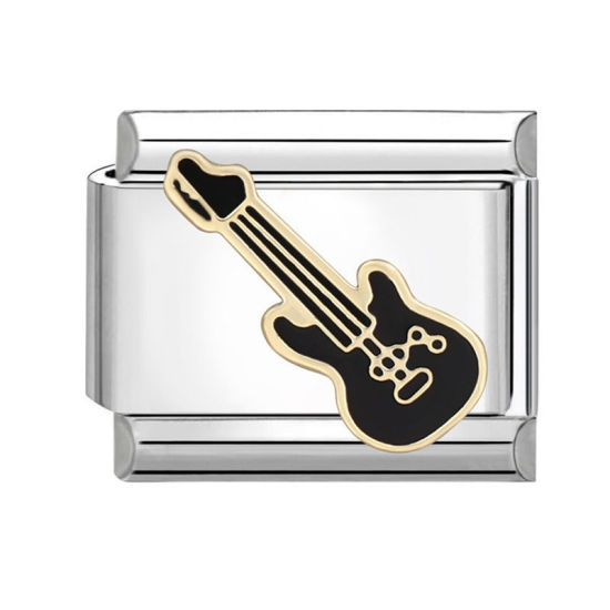 Bild von 1 Stück 304 Edelstahl Charm-Armband mit italienischen Gliedern zur Herstellung von DIY-Schmuck Silberfarbe Schwarz Rechteck Gitarre 10mm x 9mm