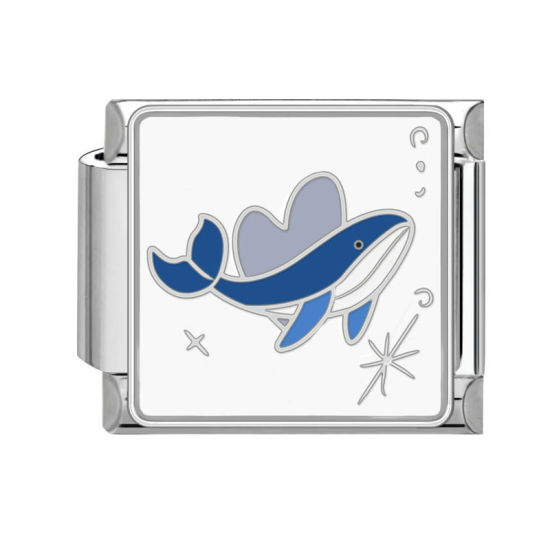 Bild von 1 Stück 304 Edelstahl Charm-Armband mit italienischen Gliedern zur Herstellung von DIY-Schmuck Silberfarbe Blau Rechteck Wal 10mm x 9mm