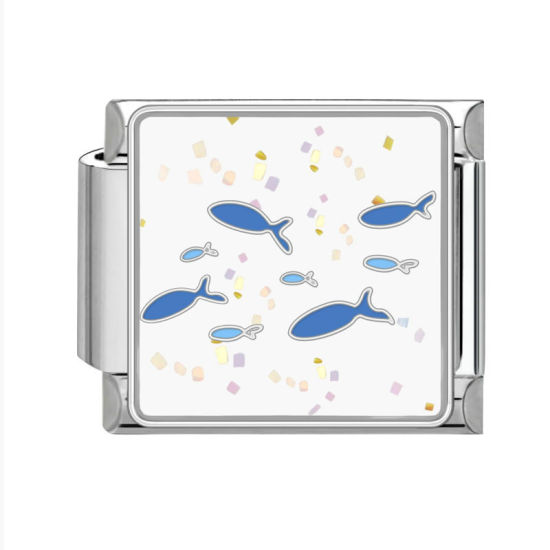 Bild von 1 Stück 304 Edelstahl Charm-Armband mit italienischen Gliedern zur Herstellung von DIY-Schmuck Silberfarbe Blau Rechteck Fisch 10mm x 9mm