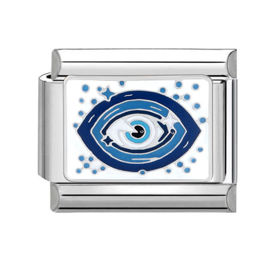 Bild von 1 Stück 304 Edelstahl Charm-Armband mit italienischen Gliedern zur Herstellung von DIY-Schmuck Silberfarbe Blau Rechteck Auge 10mm x 9mm