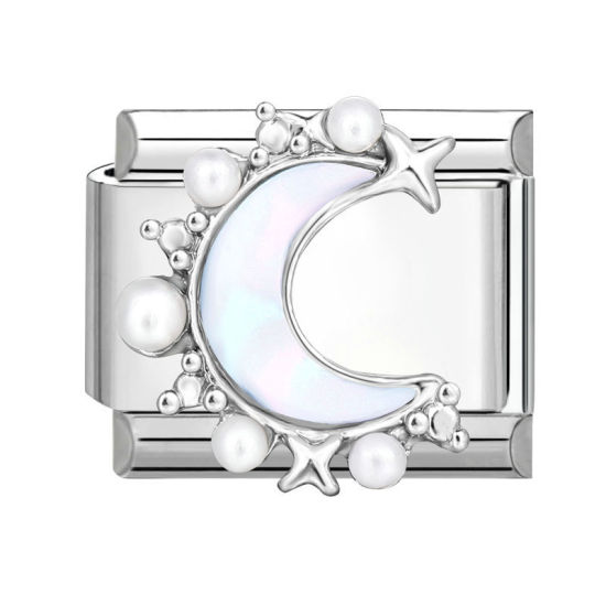 Bild von 1 Stück 304 Edelstahl Charm-Armband mit italienischen Gliedern zur Herstellung von DIY-Schmuck Silberfarbe Weiß Rechteck Mond Imitat Perle 10mm x 9mm