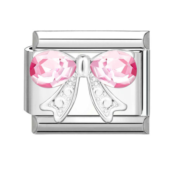 Bild von 1 Stück 304 Edelstahl Charm-Armband mit italienischen Gliedern zur Herstellung von DIY-Schmuck Silberfarbe Rechteck Schleife Rosa Strass 10mm x 9mm