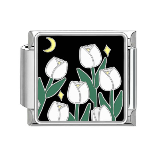 Bild von 1 Stück 304 Edelstahl Charm-Armband mit italienischen Gliedern zur Herstellung von DIY-Schmuck Silberfarbe Bunt Rechteck Tulpen 10mm x 9mm