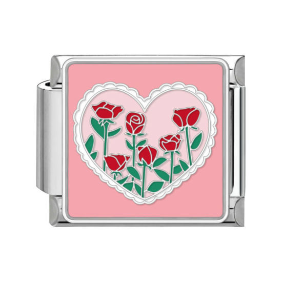 Bild von 1 Stück 304 Edelstahl Valentinstag Charm-Armband mit italienischen Gliedern zur Herstellung von DIY-Schmuck Silberfarbe Bunt Rechteck Herz 10mm x 9mm