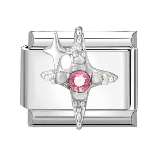 Bild von 1 Stück 304 Edelstahl Charm-Armband mit italienischen Gliedern zur Herstellung von DIY-Schmuck Silberfarbe Rechteck Stern Rosa Strass 10mm x 9mm