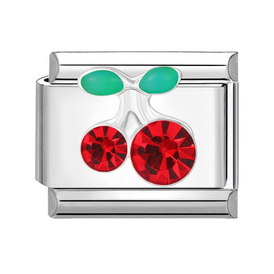Bild von 1 Stück 304 Edelstahl Charm-Armband mit italienischen Gliedern zur Herstellung von DIY-Schmuck Silberfarbe Rechteck Kirsche Rot Strass 10mm x 9mm