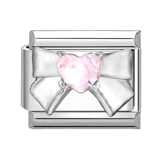 Bild von 1 Stück 304 Edelstahl Charm-Armband mit italienischen Gliedern zur Herstellung von DIY-Schmuck Silberfarbe Rechteck Schleife Rosa Strass 10mm x 9mm