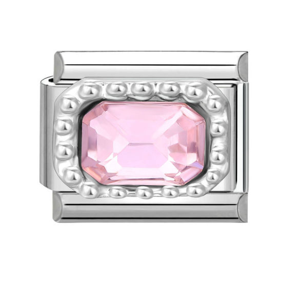 Bild von 1 Stück 304 Edelstahl Charm-Armband mit italienischen Gliedern zur Herstellung von DIY-Schmuck Silberfarbe Rechteck Rosa Strass 10mm x 9mm